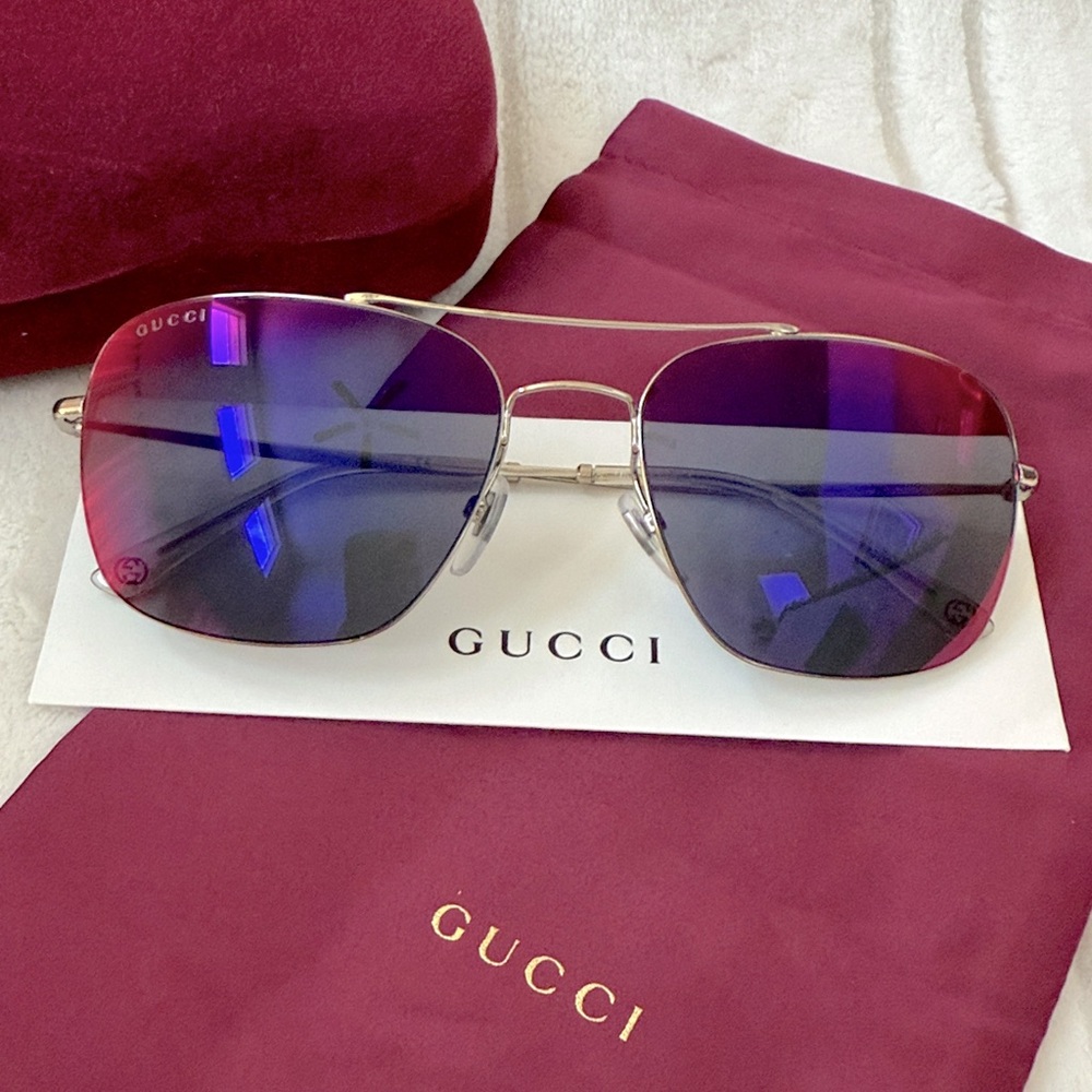 $650 Gucci Mirrored Aviator Frame Rectangular Sunglasses Pink Purple Blue Gray